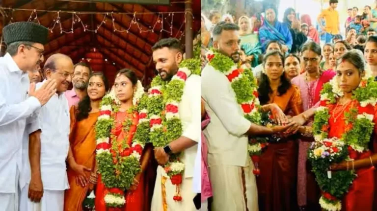 നാടൊരുമിച്ചു, ക്ഷേത്രമുറ്റത്ത് കൈപിടിച്ച് കൊടുക്കാൻ പാണക്കാട് തങ്ങളും, ഗീതയ്ക്കും വിഷ്ണുവിനും മാംഗല്യം