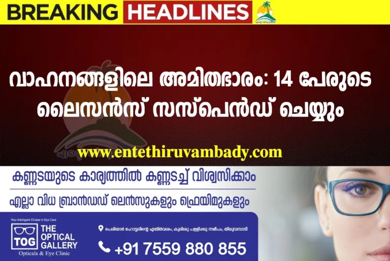 വാഹനങ്ങളിലെ അമിതഭാരം: 14 പേരുടെ ലൈസൻസ് സസ്പെൻഡ് ചെയ്യും