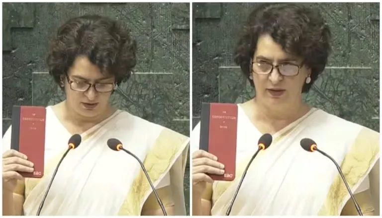 കേരളീയ വേഷത്തിൽ പ്രിയങ്ക പാർലമെന്റിൽ, ഭരണഘടന ഉയർത്തിപ്പിടിച്ച് വയനാട് എംപിയായി സത്യപ്രതിജ്ഞ