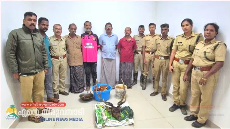 തോട്ടത്തിലെത്തിയ പുള്ളിമാനെ വേട്ടയാടി,കറിവെച്ചു. നാലുപേർ പിടിയിൽ