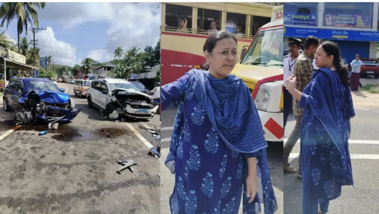 കാറുകൾ കൂട്ടിയിടിച്ചു, അപകടം കണ്ട് വണ്ടി നിർത്തി ആരോഗ്യ മന്ത്രി, പൈലറ്റ് വാഹനത്തിൽ പരിക്കേറ്റവരെ ആശുപത്രിയിലെത്തിച്ചു
