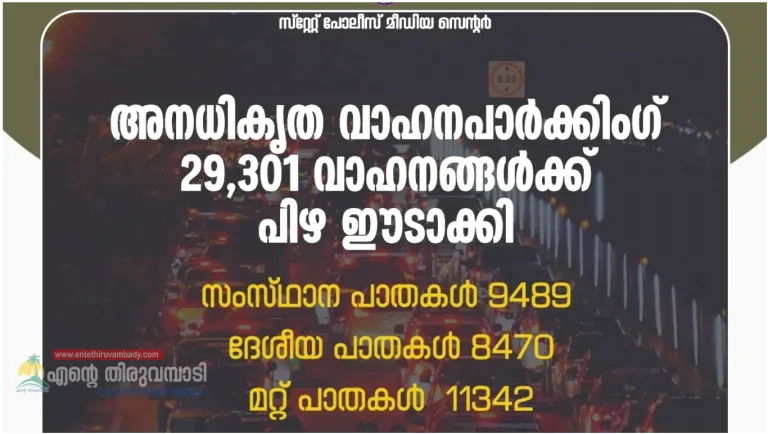 സംസ്ഥാന വ്യാപകമായി അനധികൃതമായി റോഡിൽ പാർക്ക് ചെയ്ത 29,301 വാഹനങ്ങൾക്ക് പിഴ ഈടാക്കി