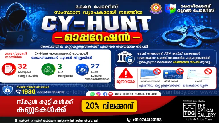 Cy Hunt ഓപ്പറേഷൻ :32 കേസുകൾ,മൂന്നുപേർ അറസ്റ്റിൽ