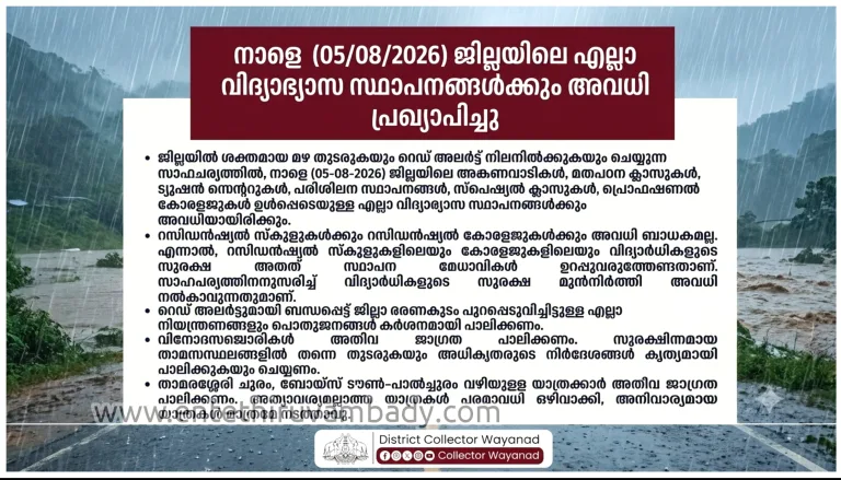 കനത്ത മഴ, റെഡ് അലർട്ട്; ജില്ലയിലെ വിദ്യാഭ്യാസ സ്ഥാപനങ്ങൾക്ക് അവധി പ്രഖ്യാപിച്ച് വയനാട് കളക്ടർ